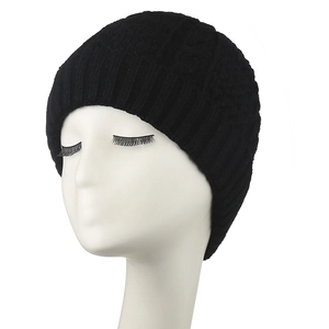 Women's black thick knit beanie hat with ear protection and a stylish ribbed cuffs design