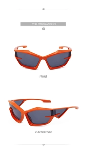 Front and 45-degree side view of yellow orange futuristic Y2K geometric sunglasses