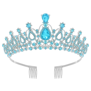 Detail of silver tiara with light blue crystals and integrated metal side combs