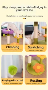 Detail of flower-shaped cat tree with multi-level sisal scratching posts and plush toy balls