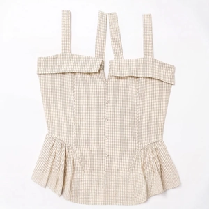 Beige and brown plaid halter neck mini dress with vintage button-front peplum design