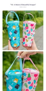 Detail of portable insulated milk tea cup sleeve with handle and zipper closure