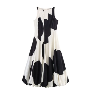 Abito Maxi Con Stampa Geometrica A Pois Senza Maniche Girocollo Linea A Orlo A Palloncino Poliestere Elegante