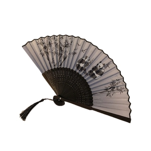 New Chinese ink painting folding fan with bamboo, pandas and black tassel detail
