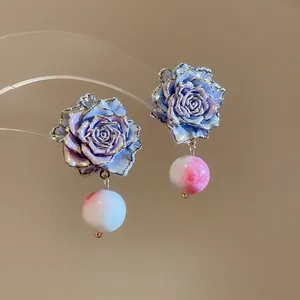French vintage rose drop earrings with purple gradient petals and delicate pearl bead