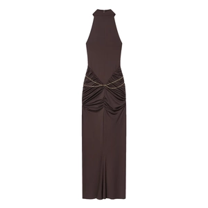 Slim fit dark brown halter neck maxi dress with elegant gold chain and ruched waist details