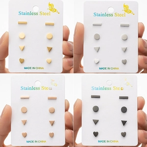 Minimalist Stainless Steel Geometric Stud Earrings Set 4 Pairs Heart Round Triangle Bar Earrings For Women Jewelry Gift
