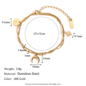 Detailed view of triple-layered 18K gold star and moon bracelet with size measurements