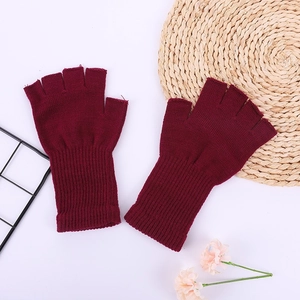 Winter solid color knitted long fingerless gloves in wine red with ribbed cuffs