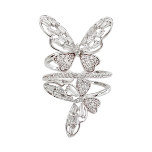 Elegant silver butterfly ring with double-layered zircon wrap and heart accents
