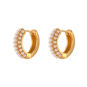 Fashionable 18K gold plated stainless steel hoop earrings with white pearls