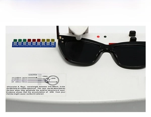 Detailansicht der eckigen Sonnenbrille mit UV400-Schutz-Test auf einem digitalen Gerät