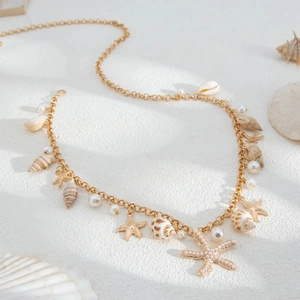 Golden starfish and pearl charm necklace for vacation style with seashell pendants