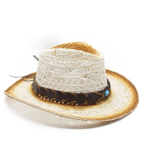Cappello da cowboy in paglia traforata con sfumatura e fascia in cuoio turchese