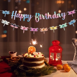 Rainbow Happy Birthday banner set with colorful dragonfly insect hanging swirl decorations