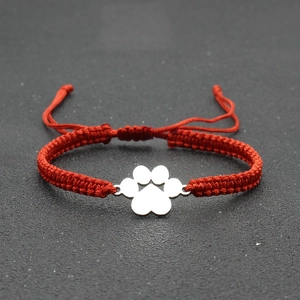 Handmade red braided cord lucky bracelet with silver paw print charm for women and men