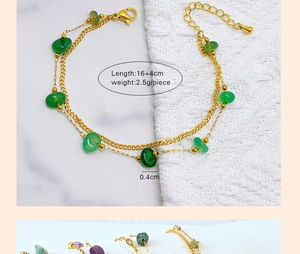 Detail of adjustable golden double-layer bracelet with green stone beads and dimensions