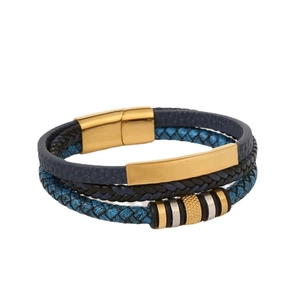 Three-layer braided leather bracelet with gold magnetic clasp and metal ring accents