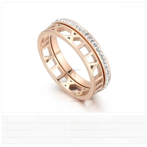Détail macro d'une bague en acier rose gold avec chiffres romains et pavé de zircons