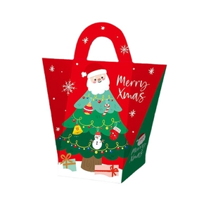 Red Christmas gift box with green sides and festive Merry Xmas graphics with handles