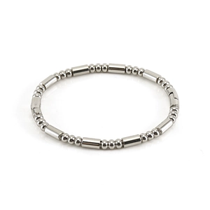 Polished silver stainless steel beaded bracelet featuring alternating tubes and round beads