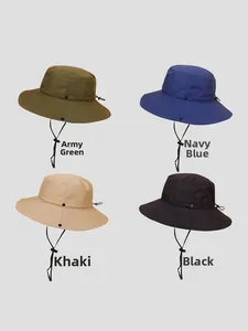Detailed grid view of wide brim sun hats in army green, navy blue, khaki and black