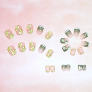 Summer lime green and pink press-on nails with heart rhinestones and glitter finish