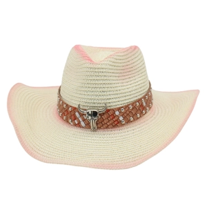 Bohemian Western straw cowboy hat with pink gradient edge and silver bull head emblem