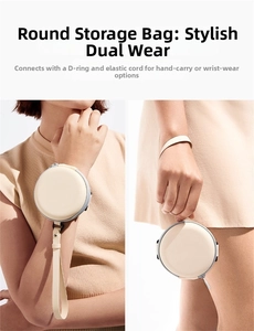 Beige round folding sunglasses case with zipper and dual-carry wrist strap design