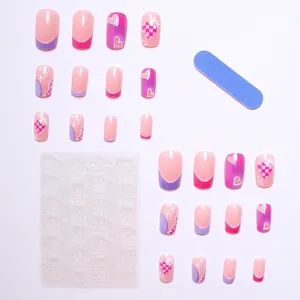 Pink and purple French heart press-on nail kit with 24 pieces and manicure tools