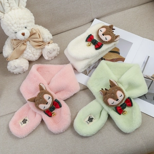 Kids plush faux rabbit fur scarf set in three colors with cute deer and bow details