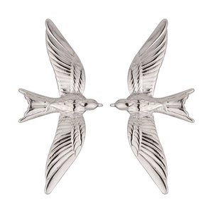 Polished silver stainless steel swallow bird earrings with detailed wing texture for women