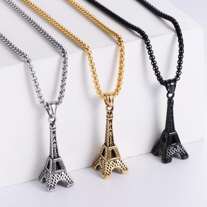 Vintage Eiffel Tower Pendant Necklace Stainless Steel 3D Paris France Retro Punk Jewelry For Men Women Box Chain