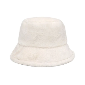 Close-up of white faux rabbit fur texture on a warm winter bucket hat for women