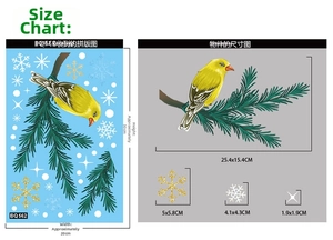 Detailed dimensions of Christmas snowflake stickers featuring birds and pine branches