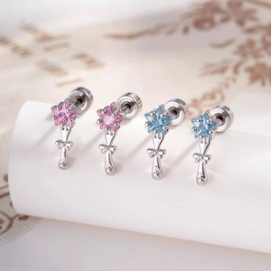 Zircon Star Magic Wand Cartilage Stud Earring Sweet Bowknot Design For Women With 925 Sterling Silver Earring Post