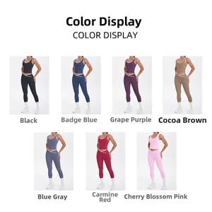 Matrix grid showing two-piece yoga sets in seven colors with contrast trim and high waist