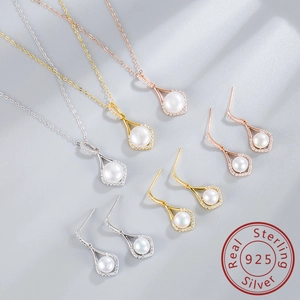 Detailed set of S925 sterling silver waterdrop pearl earrings and matching necklaces