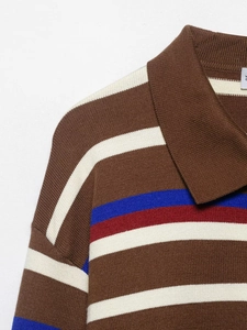 Close-up detail of the striped polo collar and knit texture in brown and blue