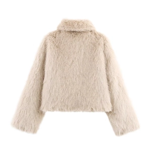 Chic beige faux fur jacket for women showing a soft textured back view in a minimalist style