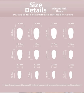 Detailed sizing chart for almond-shaped press-on nails showing 12 sizes from 18.3 to 25.6mm