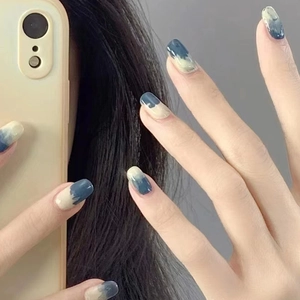 Marble Gradient Design Glossy False Nails With Glue For Women Daily Manicure Fashionable Removable Short Square Round Nail Patches