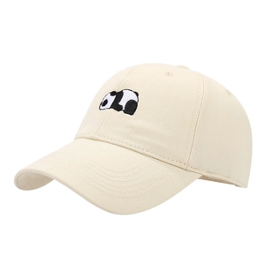 Beige cotton baseball cap featuring cute panda embroidery in a classic minimalist style