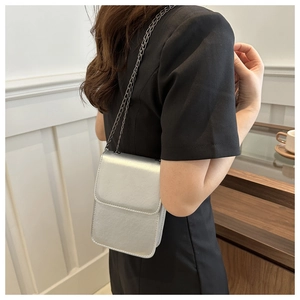 Detail of silver metallic mini crossbody bag with a slim black chain strap for women