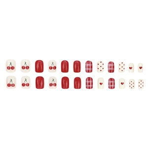 24pcs short press-on nails set with red cherry, heart, plaid, and polka dot patterns