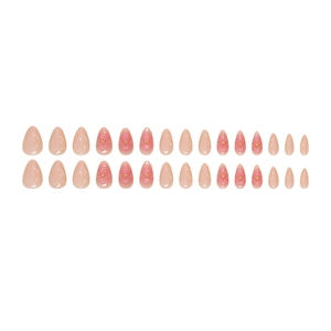 3D peach blossom press-on nails with almond shape, pink blush gradient and gold bead decor