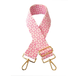 Pink and cream checkered embroidered bag strap with golden metal hooks and adjustable buckle