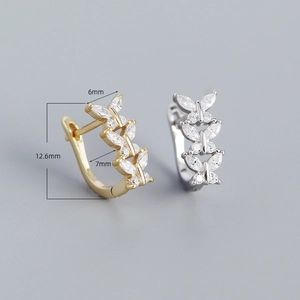S925 sterling silver butterfly U-shaped earrings with marquise cubic zirconia crystals