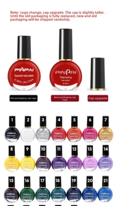 Detaillierte Übersicht mit 21 kräftigen Nagellackfarben und Flaschendesign