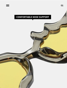 Detail of comfortable nose support on wavy-edge sunglasses with yellow lenses